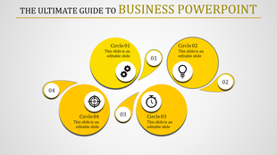 Yellow themed business PPT slide with circular icons representing gears, ideas, time, and targets with placeholder text.