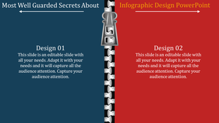 Split slide with a zipper design dividing blue and red sections, featuring text descriptions.