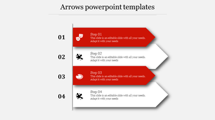 Four red and white arrows pointing right, numbered 01 to 04, with icons and text on a light gray background.