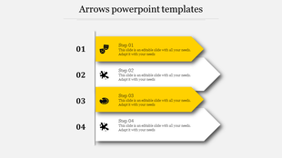 Four yellow and white arrows pointing right, numbered 01 to 04, with icons and text on a light gray background.