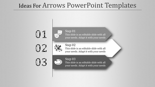 Gray scale PowerPoint template featuring numbered arrows labeled Step 01 to 03 with placeholder text and icons.
