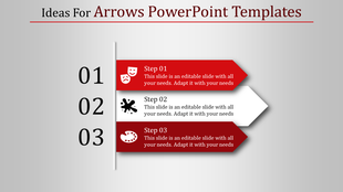 Professional PowerPoint template with arrow graphics and icons for illustrating sequential steps in red and white.
