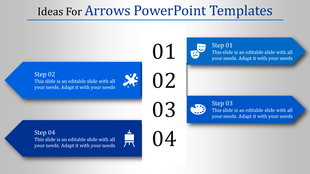 Blue themed PowerPoint slide showcasing four numbered steps with arrow designs for content.