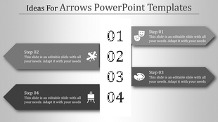 Modern template showcasing numbered steps with icons and text on grey arrow shapes.