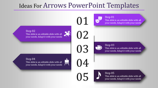 Five purple arrow shapes pointing horizontally with steps aligned around a vertical number column.
