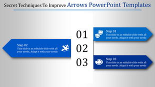 Three blue arrow shapes pointing horizontally with steps aligned around a vertical number column.