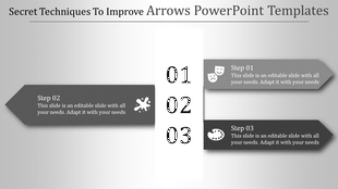 Three gray arrow shapes pointing horizontally with steps aligned around a vertical number column.