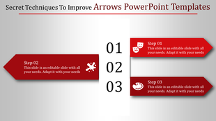 Three red arrow shapes pointing horizontally with steps aligned around a vertical number column.