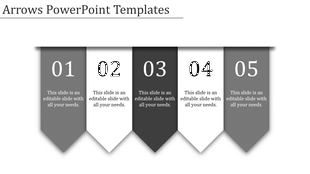 Five vertical arrow banners in gray and white with numbers, creating a minimalist layout on a white background.