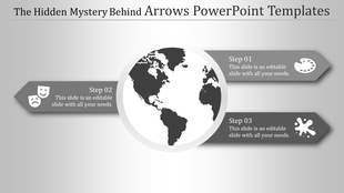 Circular infographic with a globe in the center and three gray directional arrows highlighting steps and icons.