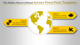 Circular infographic with a globe at the center and yellow arrows pointing to steps 01 to 03, each with icons.
