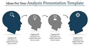 Analysis slide featuring four head profiles with icons representing a magnifying glass, lightbulb, hourglass, and target.