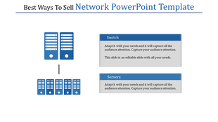 Network PowerPoint template illustrating the connection between switches and servers with text boxes.