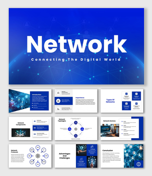 Network slides with blue theme, digital nodes, icons, diagrams, and structured text sections.