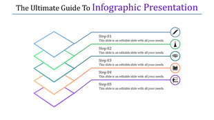 Layered steps in blue, green, teal, orange, and purple, each with a unique icon and text placeholders for content.