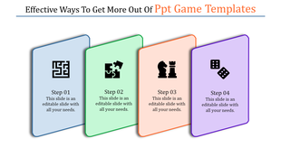 Four step game themed PPT slide featuring icons for a maze, puzzle, chess, and dice on colorful cards with text area.
