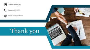 Corporate thank you slide featuring contact details and an image of a handshake over a workspace with a laptop and papers.