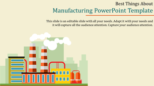 Illustration of a factory scene with red striped smokestacks, colorful buildings, and clouds of smoke on a beige background.