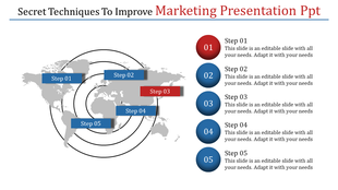 A marketing presentation slide showing five steps on a world map with placeholder text for each step.