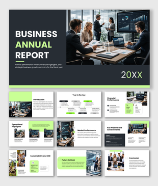 Annual report slides covering financial performance, milestones, key projects, CSR initiatives, and future outlook now.