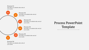 PowerPoint template featuring six circular process steps with numbered captions for each stage.