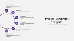 Minimalist process diagram featuring a black line with six purple steps labeled numerically,  with text descriptions. 