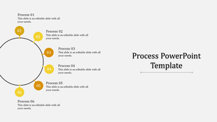 Process PowerPoint template with six numbered steps arranged in a circle, each with a description.