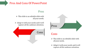 Pros and cons layout featuring a green right pointing and a red left pointing arrow with a gray curved link.