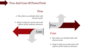 Pros and cons layout with red and gray overlapping arrows, each labeled and pointing in opposite directions.