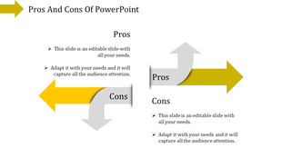 Pros and cons layout with yellow and gray curved arrows, with descriptive text on a white background.