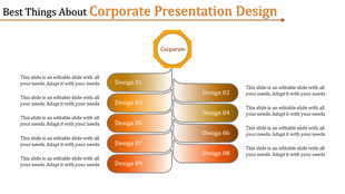 Corporate flowchart featuring a hexagon at the top with two columns of gradient boxes, each labeled with designs.