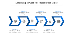 Blue zigzag infographic showcasing six stages of leadership with icons and captions, on a white background.