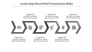 Horizontal diagram with six gray arrows featuring black icons and captions, arranged on a white background.