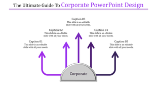 Corporate slide with five purple arrows emanating from a silver semicircle  each connected to captions areas.