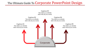 Slide with central corporate semi circle base with five red arrows radiating upwards, labeled with captions.