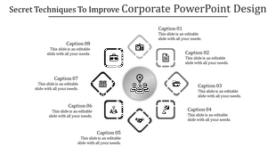 Eight step diagram showcasing techniques to improve corporate PowerPoint design, with captions.
