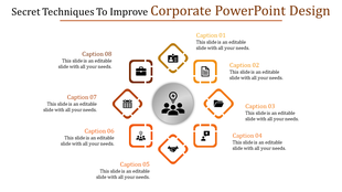 Eight step diagram highlighting techniques to improve corporate PowerPoint design, featuring captions.