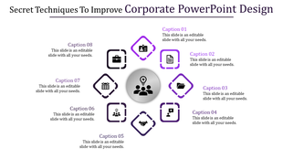 Corporate design template featuring a central collaboration icon with eight surrounding icons representing tasks.