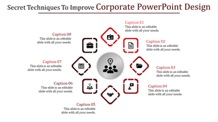 Circular infographic with a central gray icon surrounded by red outlined diamonds and squares containing icons and captions.