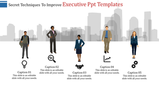 Professional business people with icons representing leadership techniques in an executive PowerPoint template.