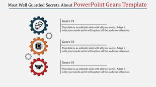 Slide with three colorful gears in blue, orange, and red, each paired with icons and captions on th right.
