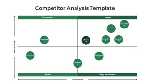 Four quadrant graph showing competitors as green circles, with bold headers and axes for market share and satisfaction.