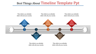 Slide featuring a horizontal timeline with diamond markers for the years 2016 to 2020, each with text.