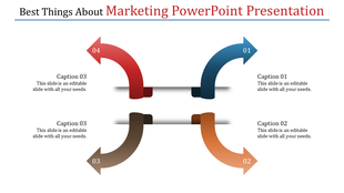 Four curved arrows in blue, red, brown, and orange, point to captions on each side of the slide for a marketing flow.