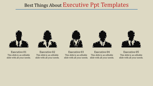 Silhouette icons of five executives displayed side by side, each labeled and with placeholder text areas.