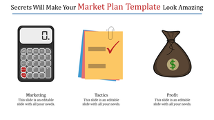 Illustration of marketing, tactics, and profit using a calculator, a checklist with a red checkmark, and a money bag.