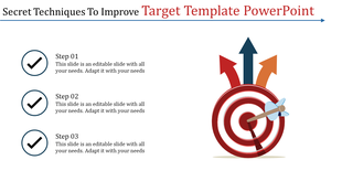 Infographic outlining secret techniques to enhance a target template, showcasing three steps and a bullseye illustration.