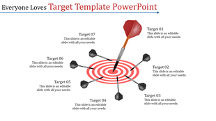 Target template with a red bullseye in the center, a large dart hitting the center, and six black darts around.
