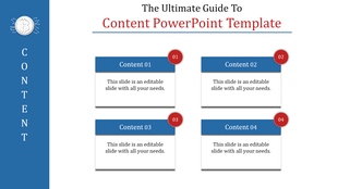 Content PowerPoint slide featuring four content boxes, each numbered and with a brief description below.