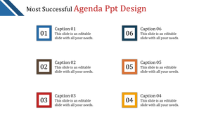 Agenda PowerPoint design with six numbered sections in colorful boxes and captions.